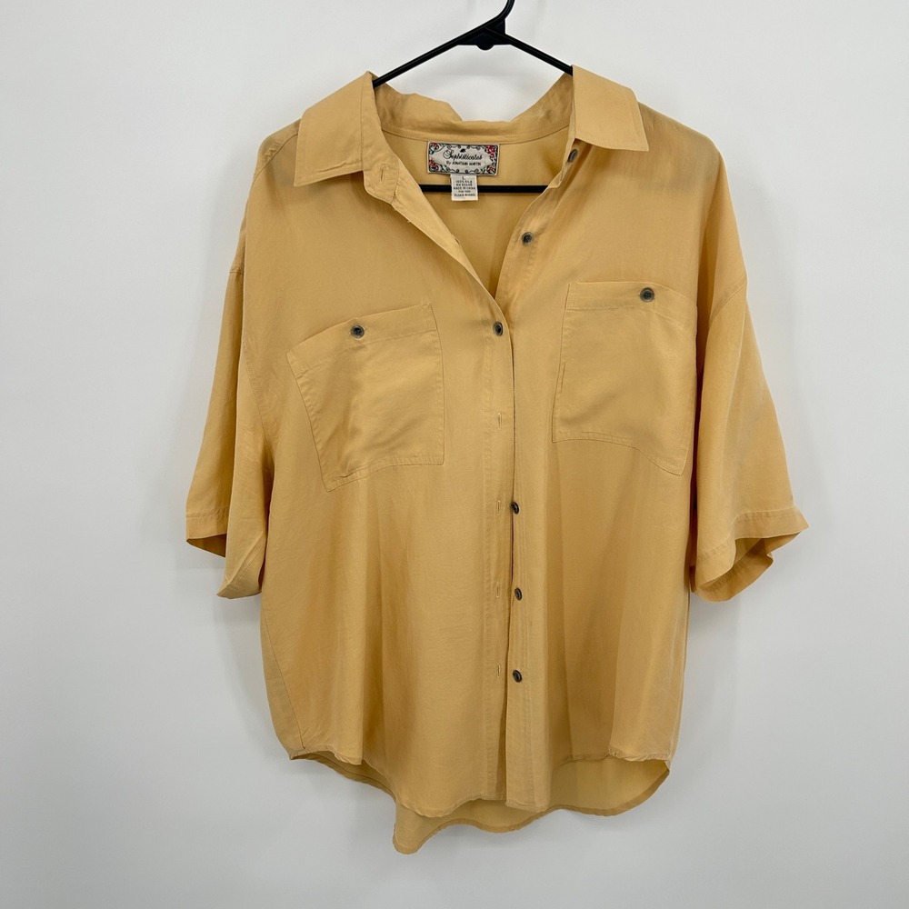 100% Silk Button Down Shirt L Yellow Lightweight Minimalist Coastal Layering